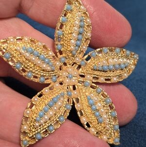 Vintage Sarah Coventry Gold-Tone Floral Brooch with Light Blue and Pearl Beads